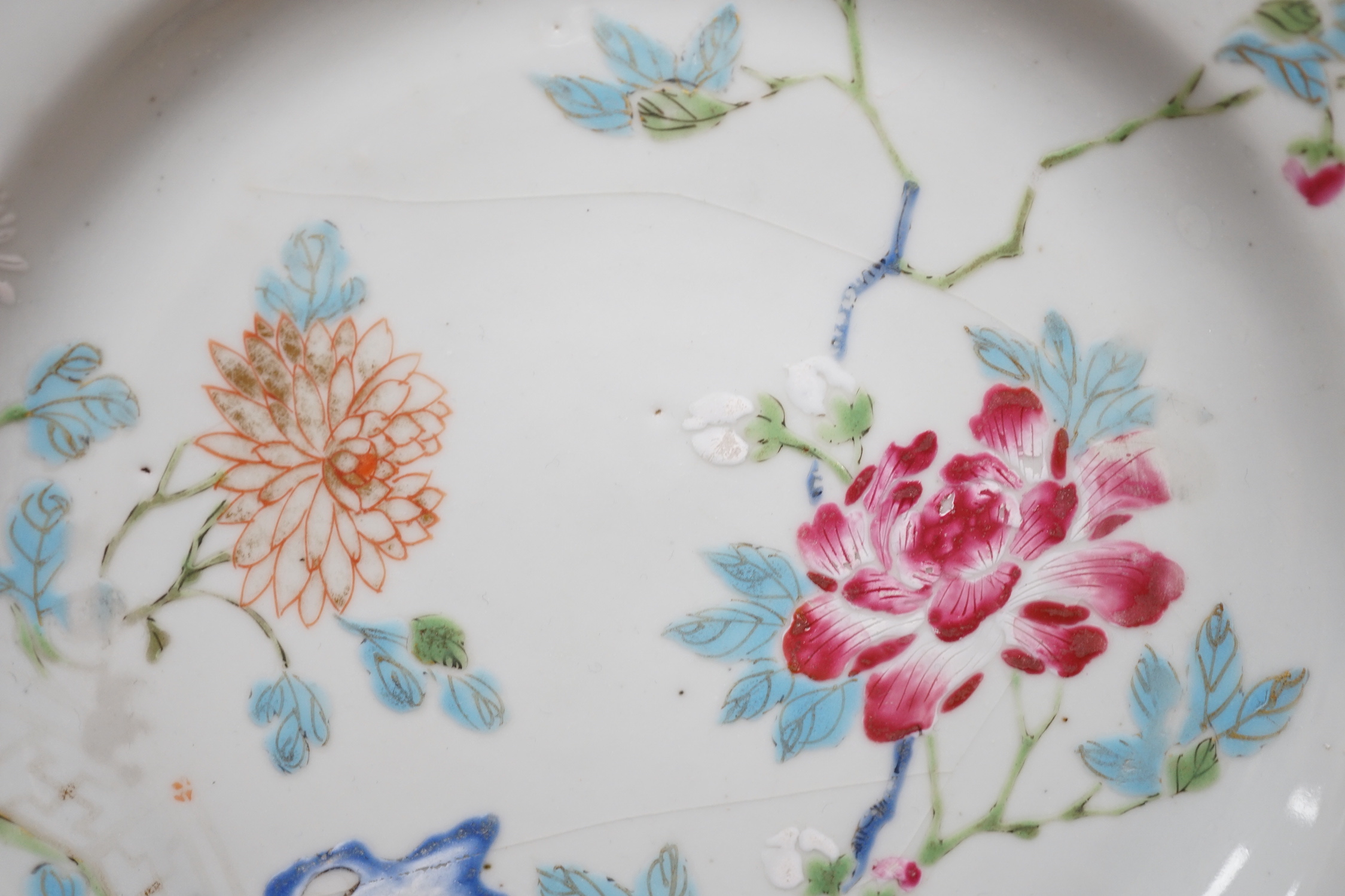 Three 18th Chinese export porcelain plates, 23cm and another plate U